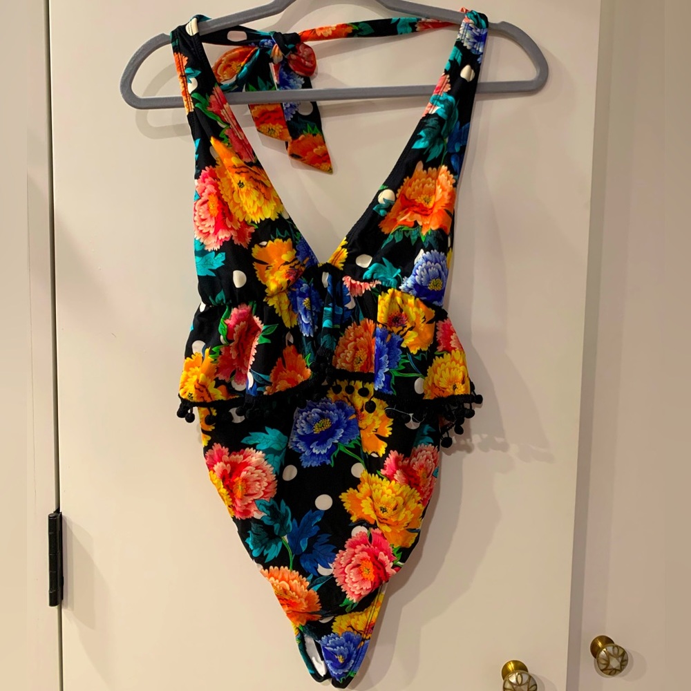 ASOS Floral Polka Dot Pom Pom Ruffle Maternity Halter Swimsuit Size 6